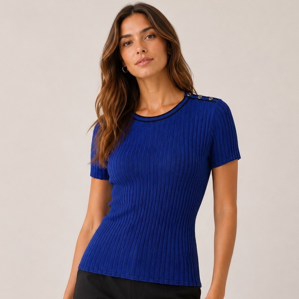 St John Royal Blue Ribbed Knit Short Sleeve Button Shoulder Top Small Cashmere